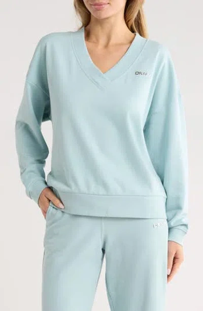 Dkny Metallic Logo V-neck French Terry Sweatshirt In Blue
