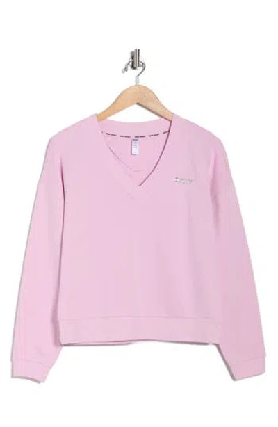 Dkny Metallic Logo V-neck French Terry Sweatshirt In Pink