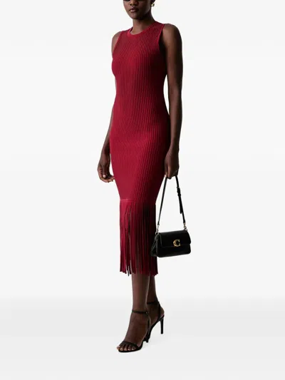 Dkny Midi Ribbed-knit Fringe-trim Dress In Pink