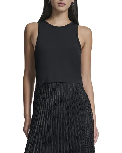 Dkny Mix Media Pleated Windowpane Dress In Black