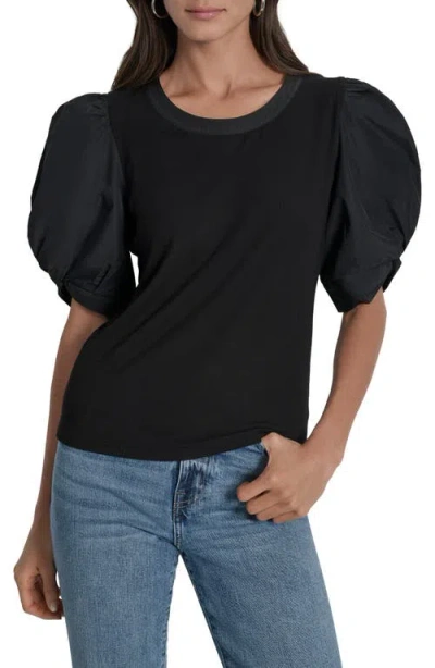Dkny Mix Media Puff Sleeve Shirt In Black