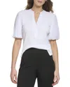 Dkny Puff Sleeve Mixed Media Henley Top In White