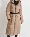 Dkny Mixed-media Belted Hooded Puffer Coat In Camel In Brown