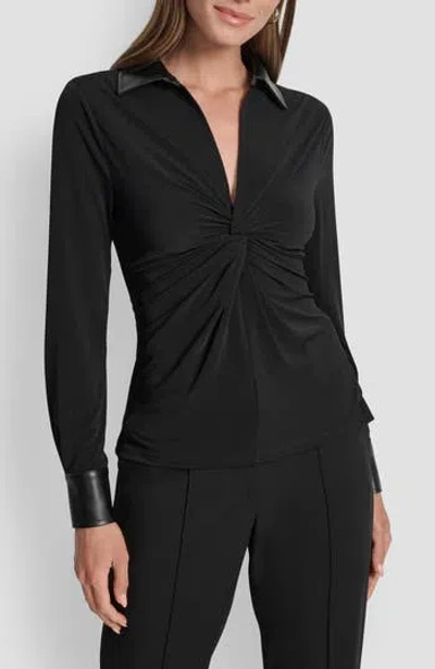 Dkny Mixed Media Long Sleeve Knot Front Top In Black