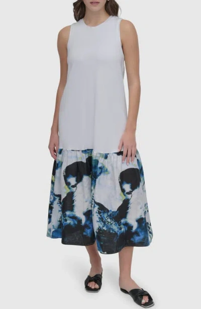 Dkny Mixed Media Maxi Dress In Wht,abstra