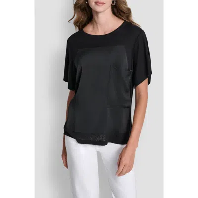 Dkny Mixed Media Satin Top In Black