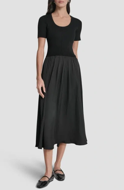 Dkny Mixed Media Short Sleeve Dress In Black
