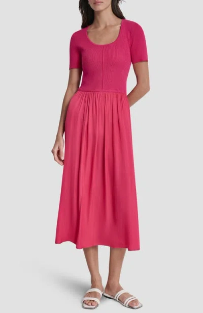 Dkny Mixed Media Short Sleeve Dress In Pink
