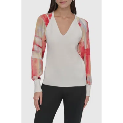 Dkny Mixed Media Sweater In Ivory/pane
