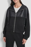 Dkny Mixed Media Zip-up Hooded Jacket In Black