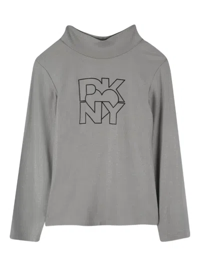 Dkny Mock-neck Logo-print Top In Gray