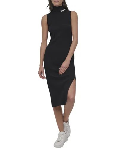 Dkny Mock Neck Rib Midi Dress With Logo At Neck In Black