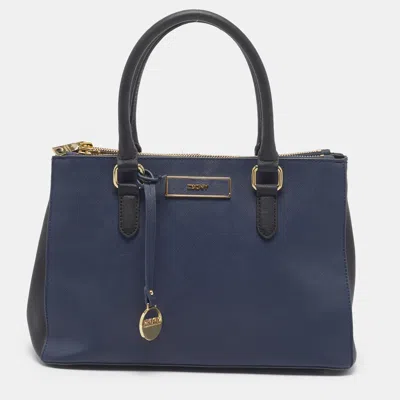 Pre-owned Dkny Navy Blue/black Leather Double Zip Tote