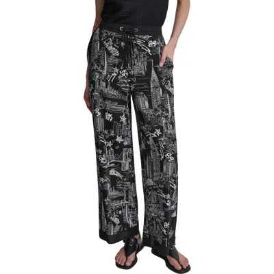 Dkny New York Print Wide Leg Pants In Black