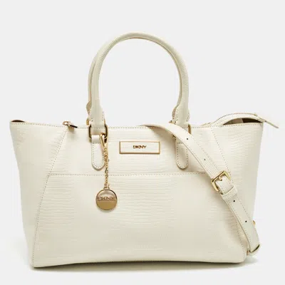 Pre-owned Dkny Off White Lizard Embossed Leather Top Zip Tote
