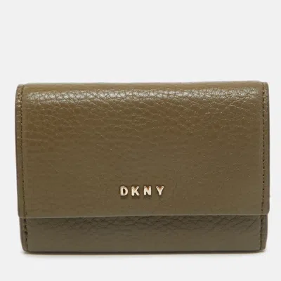 Dkny Olive Green Leather Flap Compact Wallet In Brown