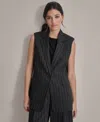 Dkny One Button Vest Women P Petite Black Striped Notch Lapel Collared Fts1256 In Black
