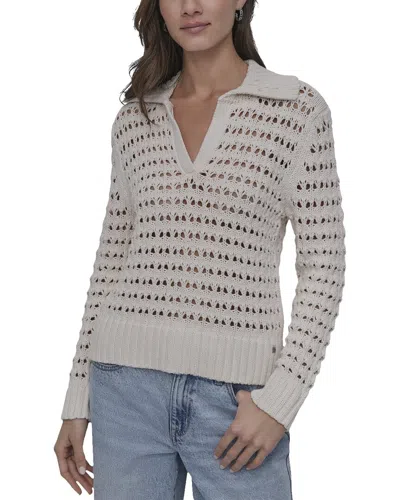 Dkny Open Pointelle Stitch Polo Collar Sweater In White