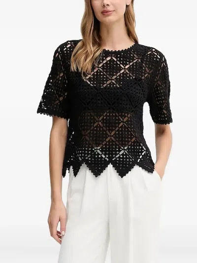 Dkny Open-work Crochet Top In Black