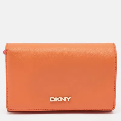 Pre-owned Dkny Orang/pink Leather French Flap Wallet In Orange