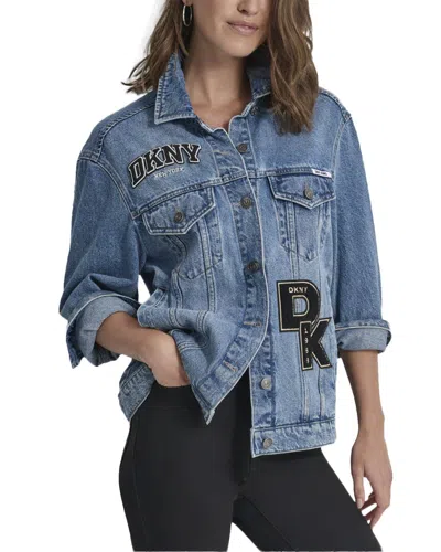 Dkny Oversized Varsity Trucker Jacket In Blue