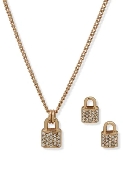 Dkny Padlock Pendant Necklace & Earrings Set In Gold