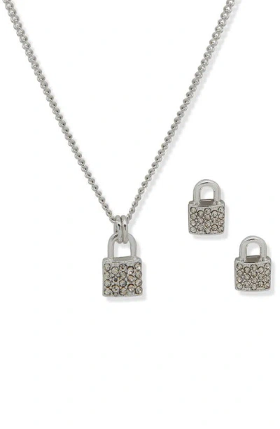 Dkny Padlock Pendant Necklace & Earrings Set In Rhodium/ Crystal