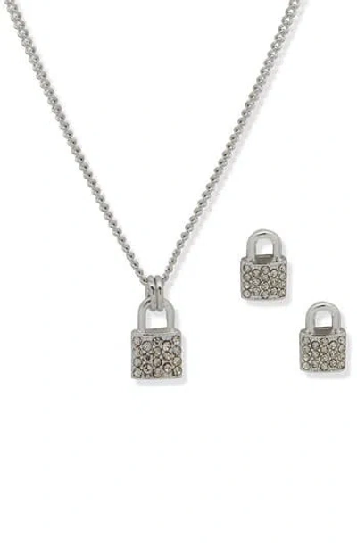 Dkny Padlock Pendant Necklace & Earrings Set In Metallic
