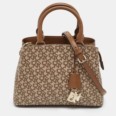 Pre-owned Dkny Paige Beige/brown Signature Pvc And Leather Satchel In Sand