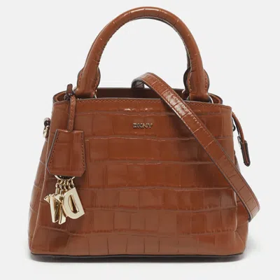 Pre-owned Dkny Paige Brown Croc Embossed Leather Tote