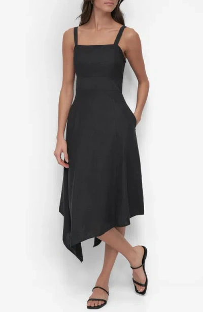 Dkny Paneled Linen Blend Midi Dress In Black