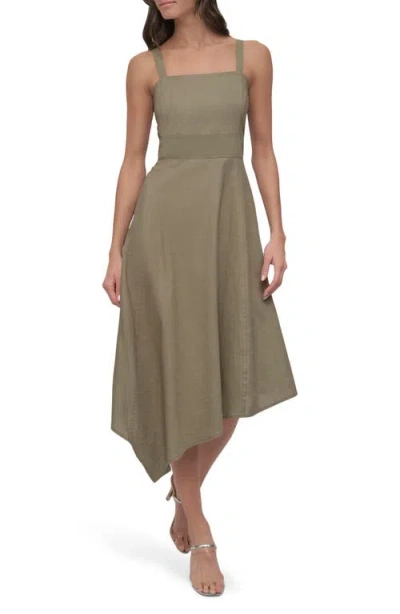 Dkny Paneled Linen Blend Midi Dress In Utility Green