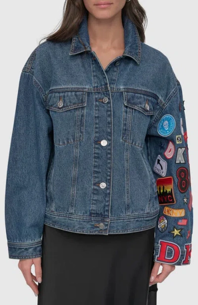 Dkny Patch Detail Denim Trucker Jacket In Ludlow Wash