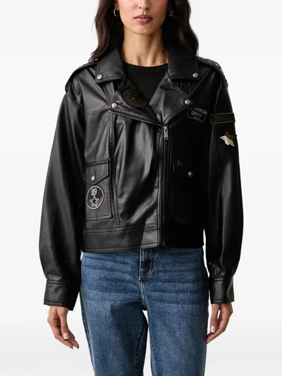 Dkny Patch-detail Biker Faux-leather Jacket In Black