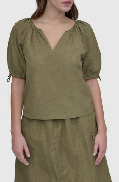 Dkny Perforated Drawcord Puff Sleeve Top In Utility Green