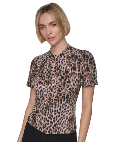 Dkny Petite Balloon-sleeve Keyhole Blouse In Animal Print