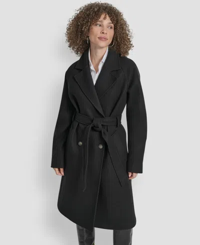 Dkny Petite Belted Notch Collar Coat In Black