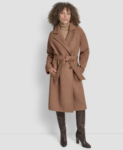Dkny Petite Belted Notch Collar Coat In Brown