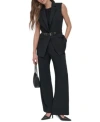Dkny Womens Notch Collar Belted Extended Vest High Rise Pleat Front Wide Leg Pants Ribbed Sleeveless Crew In Black
