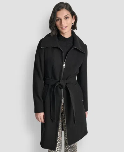 Dkny Petite Belted Zip Front Coat In Black