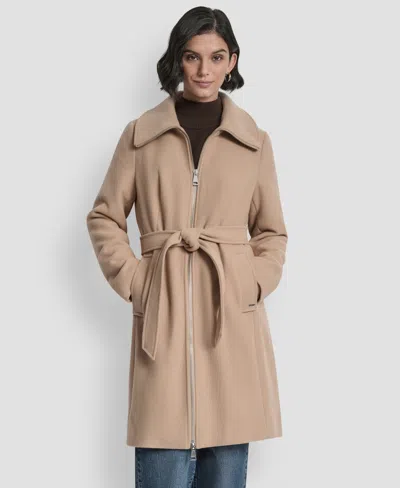 Dkny Petite Belted Zip Front Coat In Brown