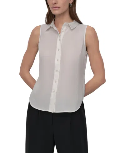 Dkny Petite Button-front Sleeveless Satin Blouse In Ivory