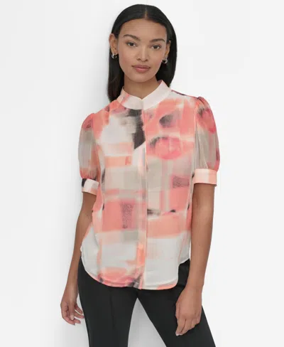Dkny Petite Chiffon Short-sleeve Button-front Blouse In Coral Crush Multi