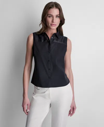 Dkny Petite Collared Neck Sleeveless Blouse In Blue