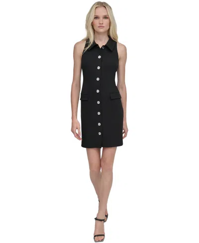 Dkny Petite Collared Sleeveless Scuba Crepe Shirtdress In Black