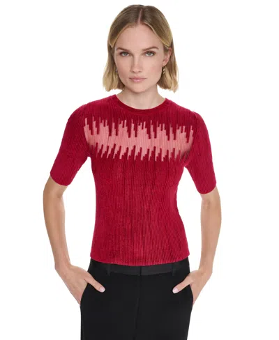 Dkny Petite Crewneck Short-sleeve Ribbed Sweater In Red