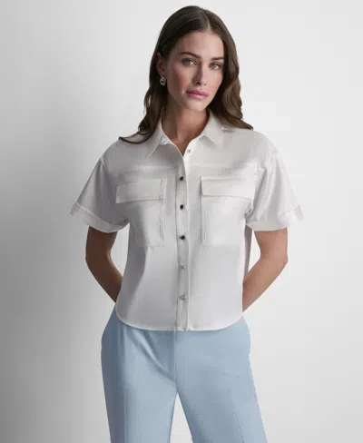 Dkny Petite Crinkle Short-sleeve Camp Shirt In White