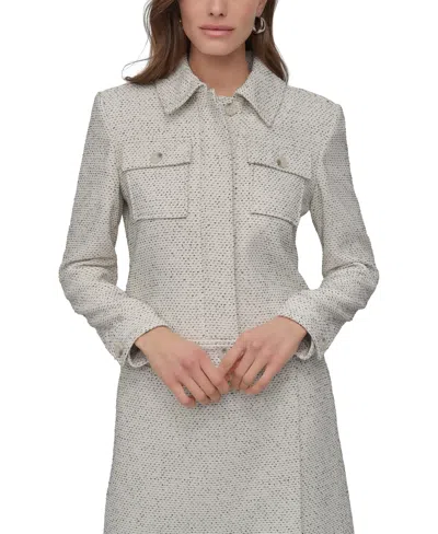 Dkny Womens Button Front Cropped Jacket Sleeveless Mixed Media Crewneck Top Wrap Style Mini Skirt In Ivory,black