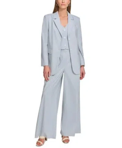 Dkny Petite Double Button Jacket High Waist Pleated Wide Leg Pants In Frost Blue Multi