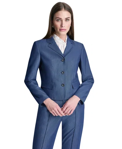 Dkny Petite Dressy Denim Notch Collar Cropped Jacket In Blue